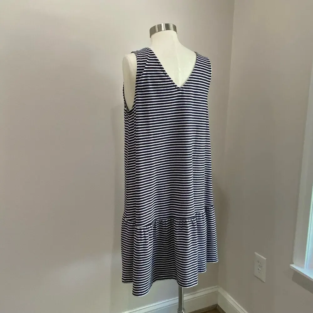 Loft Stripes Navy Blue & White Lightweight Double V Flounce Dress Sz Large - Picture 6 of 13
